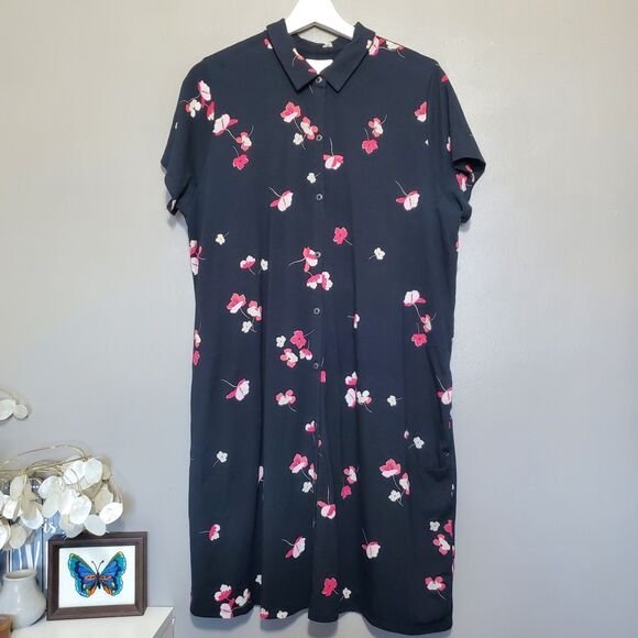 J. Jill Shirt Dress Petite Size Large Black Floral Ginger Pima Cotton Pockets - Picture 1 of 11